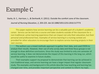 Example C
Starks, B. C., Harrison, L., & Denhardt, K. (2011). Outside the comfort zone of the classroom.
Journal of Nursing Education, 2, 203-225. doi:10.1080/10511253.2010.517773
This paper explains how service learning can be a valuable part of a student’s academic
career. Service can be tied into a course and takes students outside of the classroom for a
non-traditional, active learning experience that can impact not only their education, but their
personal and professional lives. Examples of service learning in a nursing context are
provided for other educators to encourage them to explore service learning projects in their
own courses.
The authors use a mixed methods approach to gather their data, and used STATA to
analyze their results. However, their use of only survey data and three focus groups is not
enough to draw definitive conclusions. Since the study was limited to only one semester of
service learning, it does not demonstrate the impact of this learning in the long run, which
would be useful to examine in future studies.
Their examples support my proposal to demonstrate that learning can be achieved in
non-traditional ways, and service learning can have a larger impact that regular classroom
study. The examples and background in this article describe how teaching and learning has
changed over time, and provides important perspective and context to inform my topic.
 