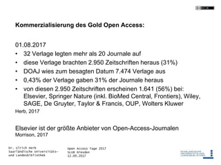 Open Access Tage 2017
SLUB Dresden
12.09.2017
Dr. Ulrich Herb
Saarländische Universitäts-
und Landesbibliothek
Kommerzialisierung des Gold Open Access:
01.08.2017
• 32 Verlage legten mehr als 20 Journale auf
• diese Verlage brachten 2.950 Zeitschriften heraus (31%)
• DOAJ wies zum besagten Datum 7.474 Verlage aus
• 0,43% der Verlage gaben 31% der Journale heraus
• von diesen 2.950 Zeitschriften erscheinen 1.641 (56%) bei:
Elsevier, Springer Nature (inkl. BioMed Central, Frontiers), Wiley,
SAGE, De Gruyter, Taylor & Francis, OUP, Wolters Kluwer
Herb, 2017
Elsevier ist der größte Anbieter von Open-Access-Journalen
Morrison, 2017
 