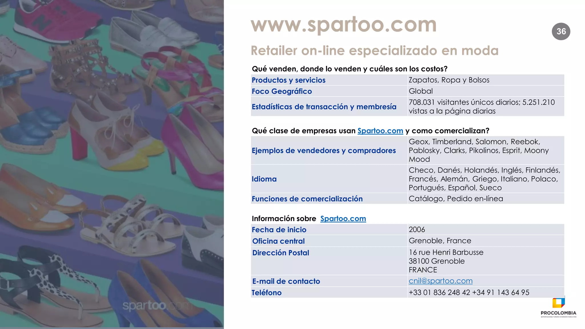 36www.spartoo.com
Qué venden, donde lo venden y cuáles son los costos?
Productos y servicios Zapatos, Ropa y Bolsos
Foco Geográfico Global
Estadísticas de transacción y membresía
708.031 visitantes únicos diarios; 5.251.210
vistas a la página diarias
Qué clase de empresas usan Spartoo.com y como comercializan?
Ejemplos de vendedores y compradores
Geox, Timberland, Salomon, Reebok,
Pablosky, Clarks, Pikolinos, Esprit, Moony
Mood
Idioma
Checo, Danés, Holandés, Inglés, Finlandés,
Francés, Alemán, Griego, Italiano, Polaco,
Portugués, Español, Sueco
Funciones de comercialización Catálogo, Pedido en-línea
Información sobre Spartoo.com
Fecha de inicio 2006
Oficina central Grenoble, France
Dirección Postal 16 rue Henri Barbusse
38100 Grenoble
FRANCE
E-mail de contacto cnil@spartoo.com
Teléfono +33 01 836 248 42 +34 91 143 64 95
Retailer on-line especializado en moda
 