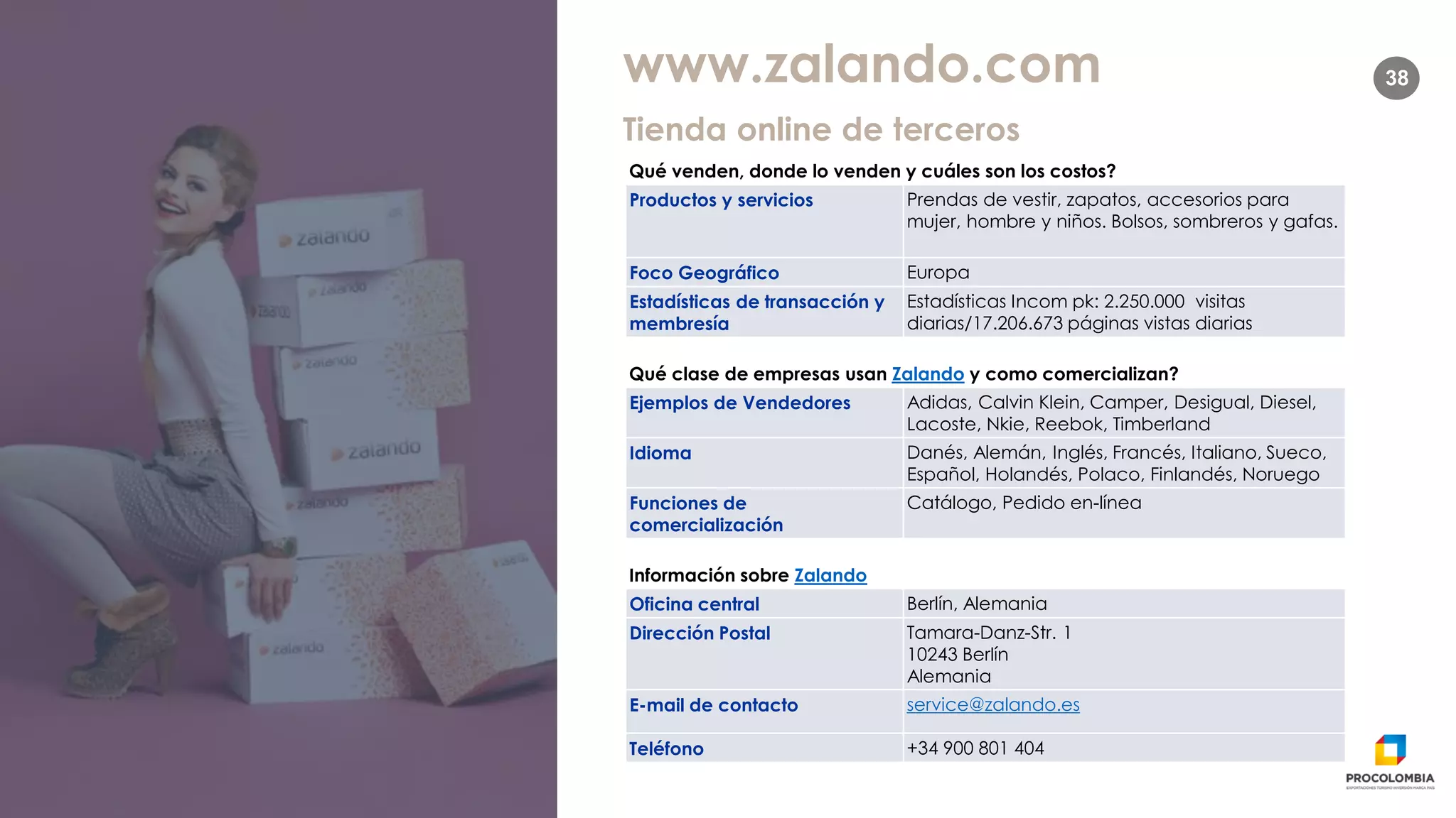38www.zalando.com
Qué venden, donde lo venden y cuáles son los costos?
Productos y servicios Prendas de vestir, zapatos, accesorios para
mujer, hombre y niños. Bolsos, sombreros y gafas.
Foco Geográfico Europa
Estadísticas de transacción y
membresía
Estadísticas Incom pk: 2.250.000 visitas
diarias/17.206.673 páginas vistas diarias
Qué clase de empresas usan Zalando y como comercializan?
Ejemplos de Vendedores Adidas, Calvin Klein, Camper, Desigual, Diesel,
Lacoste, Nkie, Reebok, Timberland
Idioma Danés, Alemán, Inglés, Francés, Italiano, Sueco,
Español, Holandés, Polaco, Finlandés, Noruego
Funciones de
comercialización
Catálogo, Pedido en-línea
Información sobre Zalando
Oficina central Berlín, Alemania
Dirección Postal Tamara-Danz-Str. 1
10243 Berlín
Alemania
E-mail de contacto service@zalando.es
Teléfono +34 900 801 404
Tienda online de terceros
 