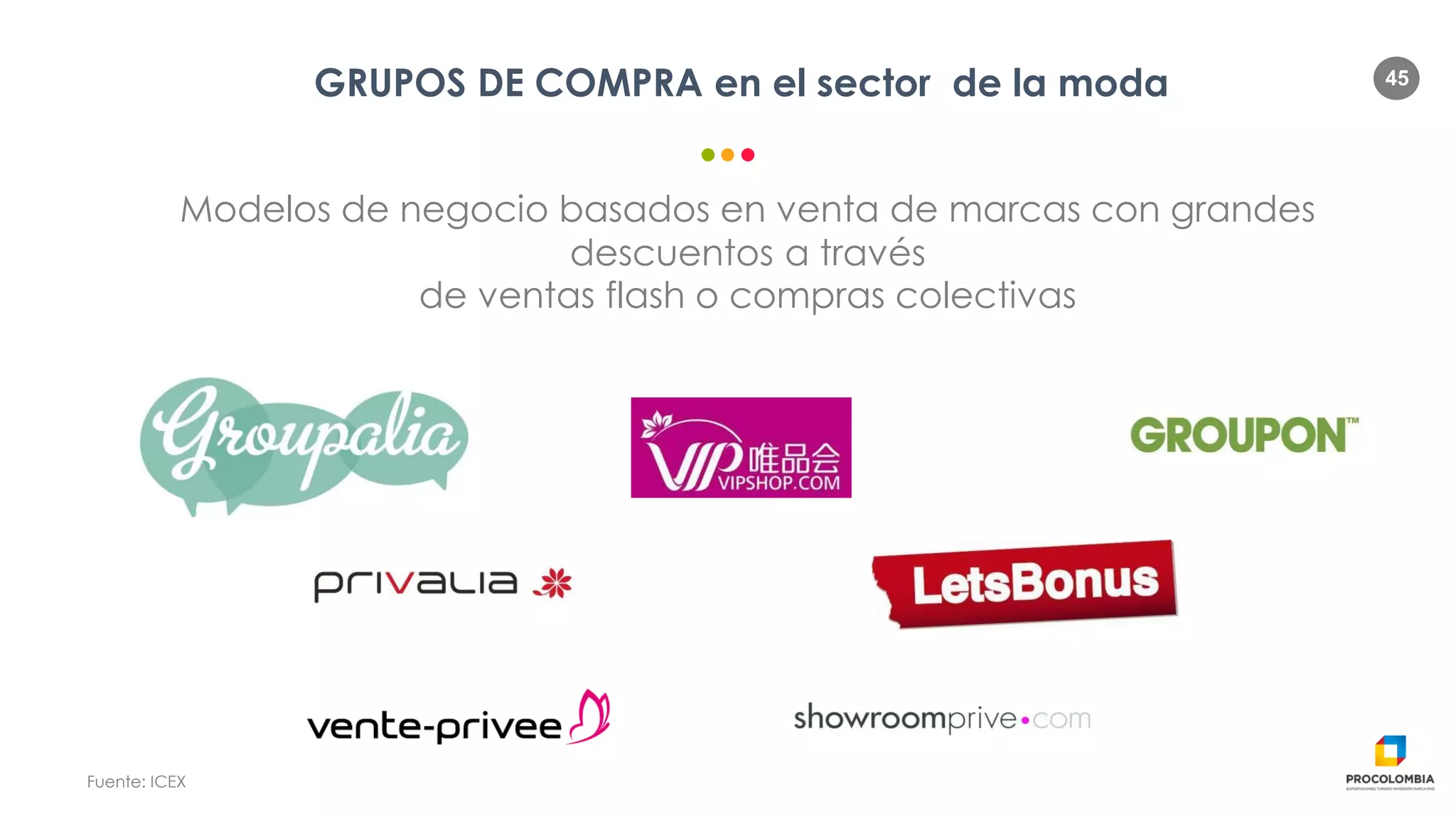 45
GRUPOS DE COMPRA en el sector de la moda
Modelos de negocio basados en venta de marcas con grandes
descuentos a través
de ventas flash o compras colectivas
Fuente: ICEX
 