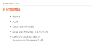 MICRO FRONTENDS
UI INTEGRATION
‣ iFrame
‣ AJAX
‣ Server Side Includes
‣ Edge Side Includes (e.g. Varnish)
‣ Software Solutions (Tailor,
Compoxure, Convergent UI)
 