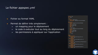 Le fichier appspec.yml
❖ Fichier au format YAML
❖ Permet de définir très simplement :
➢ un mapping pour le déploiement
➢ le code à exécuter tout au long du déploiement
➢ les permissions à appliquer sur l’application
 