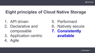 1. API driven
2. Declarative and
composable
3. Application centric
4. Agile
Eight principles of Cloud Native Storage
5. Performant
6. Natively secure
7. Consistently
available
@oicheryl
 