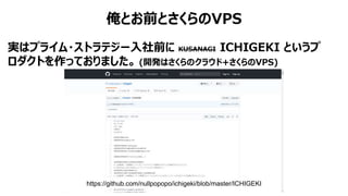俺とお前とさくらのVPS
実はプライム・ストラテジー入社前に KUSANAGI ICHIGEKI というプ
ロダクトを作っておりました。 (開発はさくらのクラウド+さくらのVPS)
https://github.com/nullpopopo/ichigeki/blob/master/ICHIGEKI
 