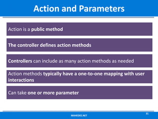 MAHEDEE.NET
31
Action and Parameters
Action is a public method
The controller defines action methods
Controllers can include as many action methods as needed
Action methods typically have a one-to-one mapping with user
interactions
Can take one or more parameter
 