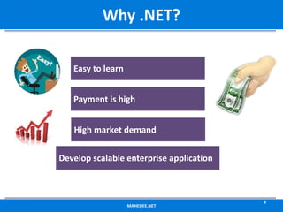 MAHEDEE.NET
9
Why .NET?
Easy to learn
Payment is high
High market demand
Develop scalable enterprise application
 