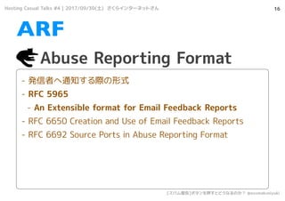 16
- kߤ֪ͨHʽ
- RFC 5965
- An Extensible format for Email Feedback Reports
- RFC 6650 Creation and Use of Email Feedback Reports
- RFC 6692 Source Ports in Abuse Reporting Format
Abuse Reporting Format
ARF
Hosting Casual Talks #4 | 2017/09/30() 饤󥿩`ͥåȤ
[ѥ]ܥѺȤɤʤΤ @azumakuniyuki
 
