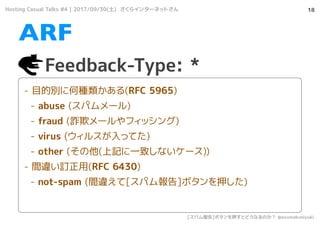 18
Feedback-Type: *
ARF
- ĿĄe˺ηN(RFC 5965)
- abuse (ѥ`)
- fraud (pۥ`եå)
- virus (륹äƤ)
- other ((ӛһ¤ʤ`))
- g`ӆ(RFC 6430)
- not-spam (g`[ѥ]ܥѺ)
Hosting Casual Talks #4 | 2017/09/30() 饤󥿩`ͥåȤ
[ѥ]ܥѺȤɤʤΤ @azumakuniyuki
 