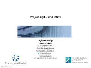 © Prof. Dr. Ayelt Komus
Projekt agil – und jetzt?
agileXchange
Saarbrücken
21. September 2017
Prof. Dr. Ayelt Komus
komus@hs-koblenz.de
@AyeltKomus
www.komus.de
www.process-and-project.net
 