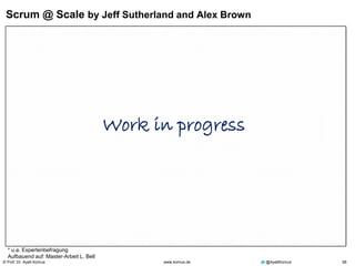 © Prof. Dr. Ayelt Komus 58www.komus.de @AyeltKomus
Scrum @ Scale by Jeff Sutherland and Alex Brown
Stärken
+ Bibliothek von Mustern für Praktiken
aus verschiedenen Kontexten
+ Hohe Flexibilität bei der Einführung
aufgrund der modularen Struktur
+ Berücksichtigung des spezifischen
Unternehmenskontexts
Schwächen/Gefahren
- Keine genaue Beschreibung, wie man
Scrum skaliert
- Sehr abstrakt beschrieben
- Scrum-Erfahrung ist unabdingbar
 Für Organisationen mit fortgeschrittener Erfahrung in agiler Denkweise und Scrum
 Kontextspezifische Erweiterungen, um Skalierung zu ermöglichen
Genannte Erfolgsfaktoren*:
 Community-Austausch
 Erfahrung mit agilen Methoden und
Scrum
 Durchführung von
Skalierungsexperimenten
* u.a. Expertenbefragung
Aufbauend auf: Master-Arbeit L. Bell
Work in progress
 