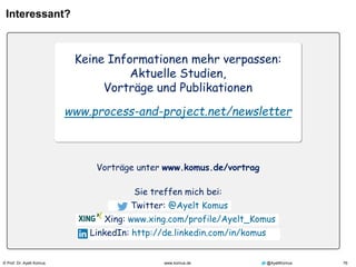 © Prof. Dr. Ayelt Komus 76www.komus.de @AyeltKomus
Interessant?
Keine Informationen mehr verpassen:
Aktuelle Studien,
Vorträge und Publikationen
www.process-and-project.net/newsletter
Vorträge unter www.komus.de/vortrag
Sie treffen mich bei:
Twitter: @Ayelt Komus
Xing: www.xing.com/profile/Ayelt_Komus
LinkedIn: http://de.linkedin.com/in/komus
 