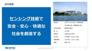 24
会社名 オプテックスグループ株式会社
(子会社30社・関連会社2社)
本社所在地 滋賀県大津市
設 立 1979年
資本金 27億9,827万円
売上高 310億円 (2016末・連結)
従業員数 1,827名 （2016末・連結)
証券 東証一部
センシング技術で
安全・安心・快適な
社会を創造する
会社概要
Copyright (C) 2017 OPTEX CO., LTD.
 