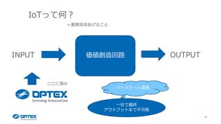 29
IoTって何？
＝業務効率あげること
価値創造回路INPUT OUTPUT
ここに強み
一社で最終
アウトプットまで不可能
パートナーと連携
 