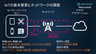 #devsumiA
IoTの基本要素とネットワークの課題
クラウド
アプリケーション
ネットワーク
センサー/デバイス
“モノ”
接続方法 セキュリティ
通信の管理
有線LAN、無線LAN
場所・配線の制約、事前設定、人が介在する前提
3G/LTEの通信は便利
人向けプラン、割高の通信費、長期固定契約
暗号化、認証
デバイス単価の高騰
通信の管理
運用などのビジネスプランに影響
 