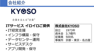 会社紹介
ITサービス イロイロご提供
• IT経営支援
• インフラ構築・保守
• データセンター運用
• サービスデスク
• アプリ開発・保守
株式会社KYOSO
設立 1973年
資本金 3.7億円
従業員 500名
事業所 京都・東京・名古屋
 