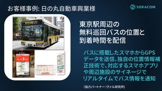 お客様事例: 日の丸自動車興業様
東京駅周辺の
無料巡回バスの位置と
到着時間を配信
バスに搭載したスマホからGPS
データを送信、独自の位置情報補
正技術で、対応するスマホアプリ
や周辺施設のサイネージで
リアルタイムでバス情報を通知
（協力パートナー：ヴァル研究所)
 