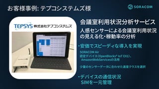 お客様事例: テプコシステムズ様
・安価でスピーディな導入を実現
SORACOM Air
認定デバイス（OpenBlocks® IoT EX1）、
AmazonWebServicesの活用
少量のセンサーデータに合わせた速度クラスを選択
・デバイスの通信状況
SIMを一元管理
会議室利用状況分析サービス
人感センサーによる会議室利用状況
の見える化・稼動率の分析
 