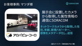 お客様事例: マツダ様
ネットワークカメラから取得した性
別、年齢、新規/リピーター、
感情をメタデータ化し、送信
展示会に設置したカメラ
から取得した属性情報の
通信にSORACOM
(協力パートナー：株式会社アロバ様)
 