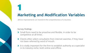 Marketing and Modification Variables
Service improvements can transform the competitiveness of a business
1
Survey findings
Small firms need to be proactive and flexible, in order to be
competitive at all times.
Clients often select consultants from internet searches, if they have
not been referred by word of mouth.
It is vitally important for the firm to establish authority as a specialist
in its industry niche, both online and offline.
 