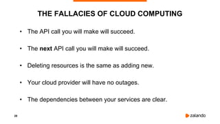 28
THE FALLACIES OF CLOUD COMPUTING
• The API call you will make will succeed.
• The next API call you will make will succeed.
• Deleting resources is the same as adding new.
• Your cloud provider will have no outages.
• The dependencies between your services are clear.
 