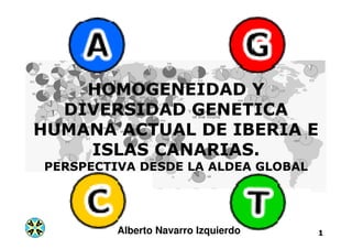 AA
AA
1
AA
AA
HOMOGENEIDAD Y
DIVERSIDAD GENETICA
HUMANA ACTUAL DE IBERIA E
ISLAS CANARIAS.
PERSPECTIVA DESDE LA ALDEA GLOBAL
Alberto Navarro Izquierdo
 