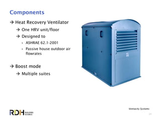 24
Components
 Heat Recovery Ventilator
 One HRV unit/floor
 Designed to
› ASHRAE 62.1-2001
› Passive house outdoor air
flowrates
 Boost mode
 Multiple suites
Ventacity Systems
 