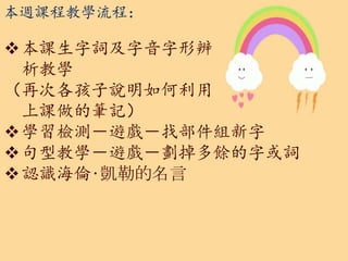 本週課程教學流程：
本課生字詞及字音字形辨
析教學
（再次各孩子說明如何利用
上課做的筆記）
學習檢測－遊戲－找部件組新字
句型教學－遊戲－劃掉多餘的字或詞
認識海倫‧凱勒的名言
 