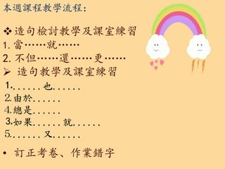 本週課程教學流程：
造句檢討教學及課室練習
1.當……就……
2.不但……還……更……
 造句教學及課室練習
• 訂正考卷、作業錯字
⒈......也......
⒉由於......
⒋總是......
⒊如果......就......
⒌......又......
 