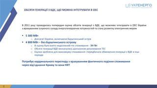 ОБСЯГИ ГЕНЕРАЦІЇ З ВДЕ, ЩО МОЖНА ІНТЕГРУВАТИ В ОЕС
8
В 2011 році проводилась попередня оцінка обсягів генерації з ВДЕ, що можливо інтегрувати в ОЕС України
з врахуванням існуючого складу енергогенеруючих потужностей та стану розвитку електричних мереж
§ 5	300	МВт
o Для	всієї	України,	включаючи	Бурштинський острів	
§ 4 800	МВт – без	Бурштинського острову
o В	оцінку	було	взято	недосяжний	пік	споживання	- 39	ГВт
o Обсяги	генерації	ВДЕ	визначались	діапазоном	регулювання	ТЕС
o Оцінка	зроблена	для	максимуму	споживання	і	передбачала	обмеження	генерації	з	ВДЕ	в	інші	
періоди
Потребує	кардинального	перегляду	з	врахуванням	фактичного	падіння	споживання	
через	від'єднання	Криму	та	зони	НКТ
 