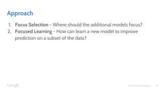 Confidential & Proprietary
Approach
1. Focus Selection - Where should the additional models focus?
2. Focused Learning - How can learn a new model to improve
prediction on a subset of the data?
19
 