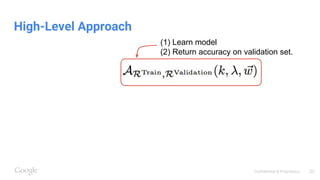 Confidential & Proprietary
High-Level Approach
(1) Learn model
(2) Return accuracy on validation set.
22
 