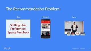Confidential & Proprietary
The Recommendation Problem
User Context Item
Shifting User
Preferences;
Sparse Feedback
8
 
