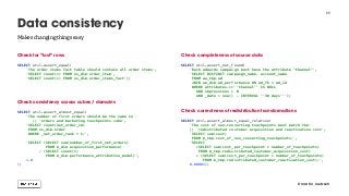 Check for “lost” rows
 
SELECT util.assert_equal(
'The order items fact table should contain all order items',
'SELECT count(*) FROM os_dim.order_item',
'SELECT count(*) FROM os_dim.order_items_fact'); 
 
 
 
Check consistency across cubes / domains
 
SELECT util.assert_almost_equal(
'The number of first orders should be the same in ' 
|| 'orders and marketing touchpoints cube',
'SELECT count(net_order_id)
FROM os_dim.order
WHERE _net_order_rank = 1;', 
'SELECT (SELECT sum(number_of_first_net_orders)
FROM m_dim.acquisition_performance)
/ (SELECT count(*)
FROM m_dim.performance_attribution_model)',
1.0
); 
Check completeness of source data
 
SELECT util.assert_not_found(
'Each adwords campaign must have the attribute "Channel"',
'SELECT DISTINCT campaign_name, account_name
FROM aw_tmp.ad
JOIN aw_dim.ad_performance ON ad_fk = ad_id
WHERE attributes->>''Channel'' IS NULL
AND impressions > 0
AND _date > now() - INTERVAL ''30 days'''); 
 
Check correctness of redistribution transformations
 
SELECT util.assert_almost_equal_relative(
'The cost of non-converting touchpoints must match the'
|| 'redistributed customer acquisition and reactivation cost',
'SELECT sum(cost)
FROM m_tmp.cost_of_non_converting_touchpoints;',
'SELECT
(SELECT sum(cost_per_touchpoint * number_of_touchpoints)
FROM m_tmp.redistributed_customer_acquisition_cost)
+ (SELECT sum(cost_per_touchpoint * number_of_touchpoints)
FROM m_tmp.redistributed_customer_reactivation_cost);',
0.00001);
11
Data consistency
@martin_loetzsch
Makes changing things easy
 