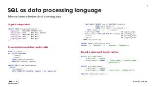 Target of computation
 
CREATE TABLE m_dim_next.region ( 
region_id SMALLINT PRIMARY KEY, 
region_name TEXT NOT NULL UNIQUE, 
country_id SMALLINT NOT NULL, 
country_name TEXT NOT NULL, 
_region_name TEXT NOT NULL 
); 
 
Do computation and store result in table
 
WITH raw_region
AS (SELECT DISTINCT
country, 
region 
FROM m_data.ga_session 
ORDER BY country, region) 
 
INSERT INTO m_dim_next.region
SELECT
row_number()
OVER (ORDER BY country, region ) AS region_id, 
CASE WHEN (SELECT count(DISTINCT country)
FROM raw_region r2
WHERE r2.region = r1.region) > 1
THEN region || ' / ' || country
ELSE region END AS region_name,
dense_rank() OVER (ORDER BY country) AS country_id,
country AS country_name,
region AS _region_name
FROM raw_region r1; 
INSERT INTO m_dim_next.region
VALUES (-1, 'Unknown', -1, 'Unknown', 'Unknown'); 
Speedup subsequent transformations
 
SELECT util.add_index(
'm_dim_next', 'region',
column_names := ARRAY ['_region_name', ‘country_name',
'region_id']); 
 
SELECT util.add_index(
'm_dim_next', 'region',
column_names := ARRAY ['country_id', 'region_id']); 
 
ANALYZE m_dim_next.region;
6
SQL as data processing language
@martin_loetzsch
Tables as (intermediate) results of processing steps
 