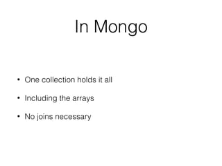 In Mongo
• One collection holds it all
• Including the arrays
• No joins necessary
 