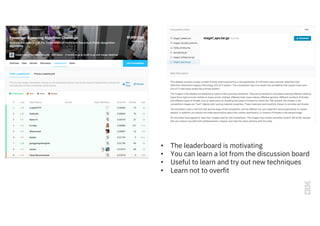 • The leaderboard is motivating
• You can learn a lot from the discussion board
• Useful to learn and try out new techniques
• Learn not to overfit
 