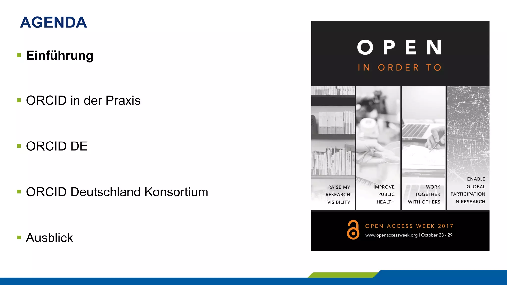 AGENDA
§  Einführung
§  ORCID in der Praxis
§  ORCID DE
§  ORCID Deutschland Konsortium
§  Ausblick
 