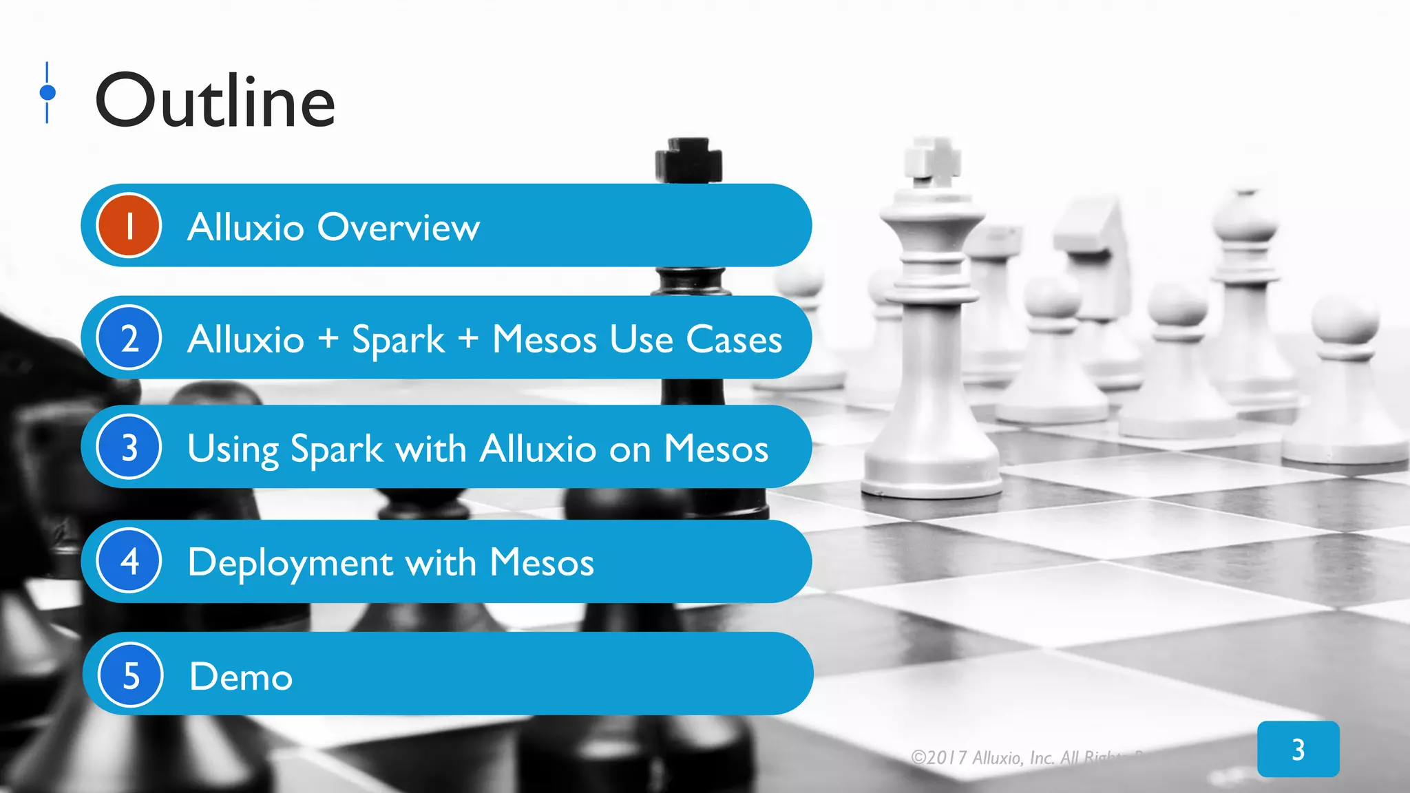 Outline
Alluxio Overview
Alluxio + Spark + Mesos Use Cases
Using Spark with Alluxio on Mesos
Deployment with Mesos
Demo
1
2
3
4
5
©2017 Alluxio, Inc. All Rights Reserved 3
 
