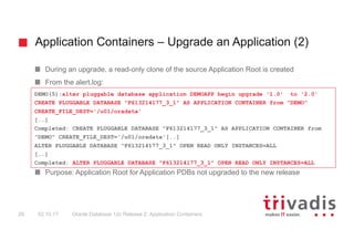 Application Containers – Upgrade an Application (2)
Oracle Database 12c Release 2: Application Containers29 02.10.17
During an upgrade, a read-only clone of the source Application Root is created
From the alert.log:
Purpose: Application Root for Application PDBs not upgraded to the new release
DEMO(5):alter pluggable database application DEMOAPP begin upgrade '1.0' to '2.0'
CREATE PLUGGABLE DATABASE "F613214177_3_1" AS APPLICATION CONTAINER from "DEMO"
CREATE_FILE_DEST='/u01/oradata'
[..]
Completed: CREATE PLUGGABLE DATABASE "F613214177_3_1" AS APPLICATION CONTAINER from
"DEMO" CREATE_FILE_DEST='/u01/oradata'[..]
ALTER PLUGGABLE DATABASE "F613214177_3_1" OPEN READ ONLY INSTANCES=ALL
[..]
Completed: ALTER PLUGGABLE DATABASE "F613214177_3_1" OPEN READ ONLY INSTANCES=ALL
 