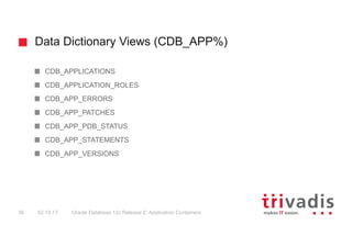 Data Dictionary Views (CDB_APP%)
Oracle Database 12c Release 2: Application Containers36 02.10.17
CDB_APPLICATIONS
CDB_APPLICATION_ROLES
CDB_APP_ERRORS
CDB_APP_PATCHES
CDB_APP_PDB_STATUS
CDB_APP_STATEMENTS
CDB_APP_VERSIONS
 