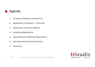 Agenda
Oracle Database 12c Release 2: Application Containers5 02.10.17
1. Container Database Architecture
2. Application Containers – Overview
3. Application Common Objects
4. Installing Applications
5. Upgrading and Patching Applications
6. Administration & Daily Business
7. Summary
 