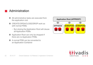 Administration
Oracle Database 12c Release 2: Application Containers32 02.10.17
All administrative tasks are executed from...