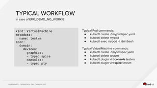 KUBEWHAT!? - OPENSTACK DAY CANADA 2017
TYPICAL WORKFLOW
kind: VirtualMachine
metadata:
name: testvm
spec:
domain:
devices:
graphics:
- type: spice
consoles:
- type: pty
In case of ERR_DEMO_NO_WORKIE
Typical Pod commands:
● kubectl create -f mypodspec.yaml
● kubectl delete mypod
● kubectl exec mypod -it /bin/bash
Typical VirtualMachine commands:
● kubectl create -f myvmspec.yaml
● kubectl delete testvm
● kubectl plugin virt console testvm
● kubectl plugin virt spice testvm
 