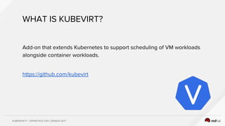 KUBEWHAT!? - OPENSTACK DAY CANADA 2017
WHAT IS KUBEVIRT?
Add-on that extends Kubernetes to support scheduling of VM workloads
alongside container workloads.
https://github.com/kubevirt
 