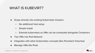 KUBEWHAT!? - OPENSTACK DAY CANADA 2017
WHAT IS KUBEVIRT?
● Drops directly into existing Kubernetes Clusters
○ No additional host setup
○ Simple Install
○ Extends kubernetes so VMs can be scheduled alongside Containers
● Ties VMs into Pod Network
● Integrates with other Kubernetes concepts (like Persistent Volumes)
● Manage VMs like Pods
 