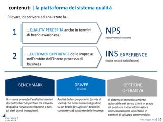 roma, maggio 2018 | 10
contenuti | la piattaforma del sistema qualità
BENCHMARK DRIVER
di scelta
GESTIONE
OPERATIVA
Il sistema prevede l’analisi in termini
di confronto competitivo tra il livello
di qualità rilevata in relazione a tutti
gli altri brand inseguitori.
Analisi delle componenti (driver di
scelta) che determinano il giudizio
su un brand (e sugli altri brand in
concorrenza) da parte delle imprese
Il sistema è immediatamente
azionabile nel senso che è in grado
di produrre dati e informazioni
immediatamente utilizzabili in
termini di sviluppo commerciale.
Rilevare, descrivere ed analizzare la…
…QUALITA’ PERCEPITA anche in termini
di brand awareness.1 NPS
(Net Promoter System)
…CUSTOMER EXPERIENCE delle imprese
nell’ambito dell’intero processo di
business
2 INS EXPERIENCE
(Indice netto di soddisfazione)
 