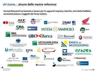 roma, maggio 2018 | 19
Format Research ha lavorato e lavora per le seguenti imprese, banche, enti della Pubblica
amministrazione e soggetti del Terzo settore
chi siamo… alcune delle nostre referenze
 