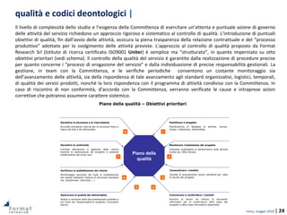 roma, maggio 2018 | 24
qualità e codici deontologici |
Piano della qualità – Obiettivi prioritari
Garantire la sicurezza e la riservatezza
Accurate procedure interne per la sicurezza fisica e
logica dei dati e dei deliverable
Garantire la continuità
Corretta allocazione e gestione delle risorse
durante la realizzazione del progetto e costante
trasferimento del know how
Verificare la soddisfazione del cliente
Monitoraggio periodico dei livelli di soddisfazione
del cliente mediante l’utilizzo di strumenti standard
(es. Questionari, interviste, …)
Assicurare la qualità dei deliverables
Analisi e revisione della documentazione prodotta a
più livelli (es. Responsabile di progetto, Consulenti
senior)
Pianificare il progetto
Pianificazione di dettaglio di attività, risorse,
tempo, milestones, deliverables
Monitorare l’andamento del progetto
Indicatori quantitativi di performance sulle attività
svolte (es. APQ rilevati)
Consuntivare i risultati
Schede di avanzamento lavoro standard per tutta
la durata del progetto
Comunicare e condividere i risultati
Riunioni di lavoro ed utilizzo di strumenti
informatici per la condivisione dello stato del
progetto e della base informativa disponibile
Piano della
qualità
1
2
3
45
6
7
8
Il livello di complessità dello studio e l’esigenza della Committenza di esercitare un’attenta e puntuale azione di governo
delle attività del servizio richiedono un approccio rigoroso e sistematico al controllo di qualità. L’introduzione di puntuali
obiettivi di qualità, fin dall’avvio delle attività, assicura la piena trasparenza della relazione contrattuale e del “processo
produttivo” adottato per lo svolgimento delle attività previste. L’approccio al controllo di qualità proposto da Format
Research Srl (Istituto di ricerca certificato ISO9001 Uniter) è semplice ma “strutturato”, in quanto imperniato su otto
obiettivi prioritari (vedi schema). Il controllo della qualità del servizio è garantito dalla realizzazione di procedure precise
per quanto concerne i “processi di erogazione del servizio” e dalla individuazione di precise responsabilità gestionali. La
gestione, in team con la Committenza, e le verifiche periodiche consentono un costante monitoraggio sia
dell’avanzamento delle attività, sia della rispondenza di tale avanzamento agli standard organizzativi, logistici, temporali,
di qualità dei servizi prodotti, nonché la loro rispondenza con il programma di attività condiviso con la Committenza. In
caso di riscontro di non conformità, d’accordo con la Committenza, verranno verificate le cause e intraprese azioni
correttive che potranno assumere carattere sistemico.
 