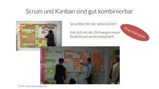 Scrum und Kanban sind gut kombinierbar
ScrumBan bei der wibas GmbH.
Hat sich mit der Zeit wegen neuer
Bedürfnisse weiterentwickelt.
Quelle: http://www.wibas.com
 